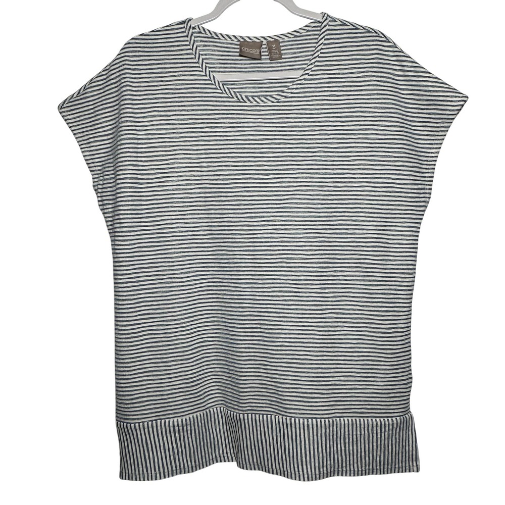 Chicos Striped Tunic Top Womens Size 3 Blue White Casual Short Sleeve US XL